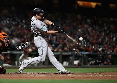 SAN FRANCISCO, CA – JUNE 18: J.T. Realmuto #11 of the Miami Marlins hits a double that scored a run in the ninth inning against the San Francisco Giants at AT&T Park on June 18, 2018 in San Francisco, California. (Photo by Ezra Shaw/Getty Images)