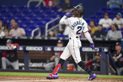 MIAMI, FLORIDA – JUNE 07: Jazz Chisholm Jr. #2 of the Miami Marlins hits a grand slam in the second inning against the Washington Nationals at loanDepot park on June 07, 2022 in Miami, Florida. (Photo by Eric Espada/Getty Images)