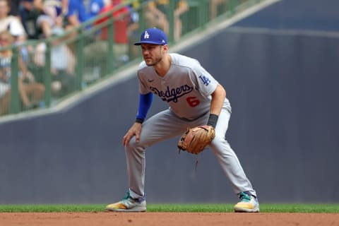 MILWAUKEE, WISCONSIN – AUGUST 18: Trea Turner #6 of the Los Angeles Dodgers anticipates a pitch during a game against the Milwaukee Brewers at American Family Field on August 18, 2022 in Milwaukee, Wisconsin. The Brewers defeated the Dodger 5-3. (Photo by Stacy Revere/Getty Images)