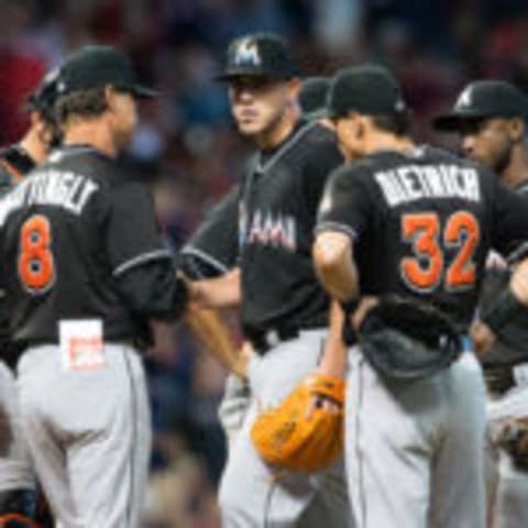 CLEVELAND, OH – SEPTEMBER 3: Manager Don Mattingly #8 removes starting pitcher Jose Fernandez #16 of the Miami Marlins from the game during the sixth inning against the Cleveland Indians during an interleague game at Progressive Field on September 3, 2016 in Cleveland, Ohio. (Photo by Jason Miller/Getty Images)