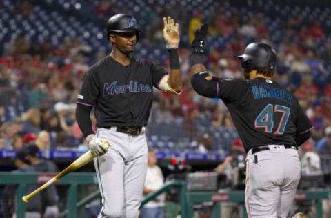 PHILADELPHIA, PA – SEPTEMBER 27: Lewis Brinson #9 of the Miami Marlins. (Photo by Mitchell Leff/Getty Images)