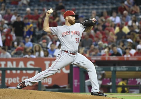 Aug 29, 2016; Anaheim, CA, USA; Cincinnati Reds starting pitcher Dan Straily (58) delivers a pitch during the first inning against the Los Angeles Angels at Angel Stadium of Anaheim. Mandatory Credit: Richard Mackson-USA TODAY Sports