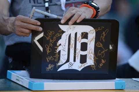 October 4, 2013; Oakland, CA, USA; Detail view of a Detroit Tigers logo with autographs before game one of the American League divisional series playoff baseball game against the Oakland Athletics at O.co Coliseum. The Tigers defeated Athletics 3-2. Mandatory Credit: Kyle Terada-USA TODAY Sports