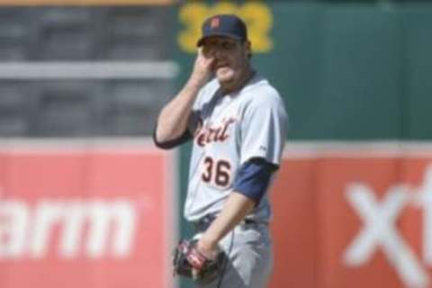 May 29, 2014; Oakland, CA, USA; Detroit Tigers relief pitcher Joe Nathan (36) reacts during the ninth inning against the Oakland Athletics at O.co Coliseum. The Tigers defeated the Athletics 5-4. Mandatory Credit: Kyle Terada-USA TODAY Sports