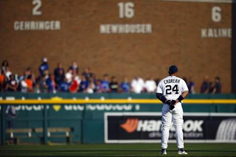 Jul 3, 2015; Detroit, MI, USA; Detroit Tigers first baseman Miguel Cabrera (24) during the national anthem before the game against the Toronto Blue Jays at Comerica Park. Mandatory Credit: Rick Osentoski-USA TODAY Sports