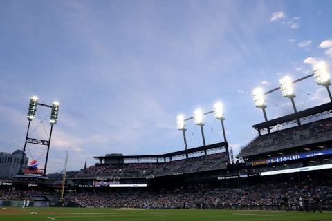 Sep 18, 2015; Detroit, MI, USA; General view of the right field lights that went out prior to the game between the Detroit Tigers and the Kansas City Royals at Comerica Park. Mandatory Credit: Rick Osentoski-USA TODAY Sports