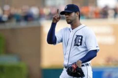 Jul 3, 2015; Detroit, MI, USA; Detroit Tigers starting pitcher Anibal Sanchez (19) walks off the field after the first inning against the Toronto Blue Jays at Comerica Park. Mandatory Credit: Rick Osentoski-USA TODAY Sports