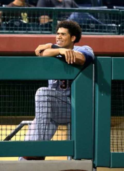 Oct. 10, 2014; Scottsdale, AZ, USA; Detroit Tigers outfielder Steven Moya plays for the Glendale Desert Dogs against the Scottsdale Scorpions during an Arizona Fall League game at Cubs Park. Mandatory Credit: Mark J. Rebilas-USA TODAY Sports