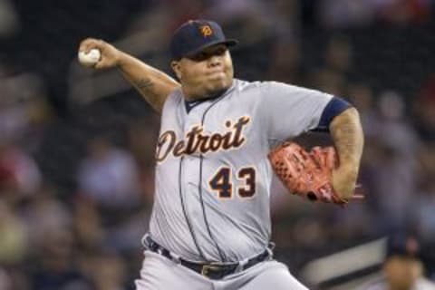 Sep 15, 2015; Minneapolis, MN, USA; Detroit Tigers relief pitcher Bruce Rondon (43) delivers a pitch in the ninth inning against the Minnesota Twins at Target Field. The Tigers won 5-4. Mandatory Credit: Jesse Johnson-USA TODAY Sports