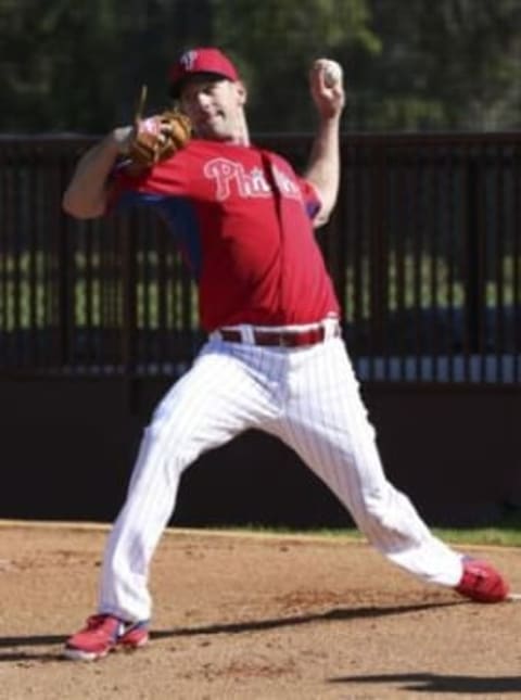 Feb 19, 2015; Clearwater, FL, USA; Philadelphia Phillies starting pitcher Cliff Lee (33) during spring training workouts at Bright House Field. Mandatory Credit: Reinhold Matay-USA TODAY Sports