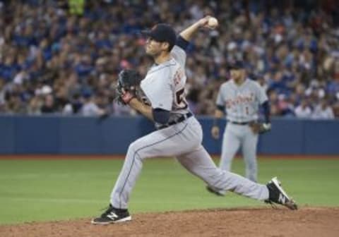 Aug 28, 2015; Toronto, Ontario, CAN; Detroit Tigers relief pitcher Drew VerHagen (54) throws the ball during the seventh inning against the Toronto Blue Jays at Rogers Centre. The Blue Jays won 5-3. Mandatory Credit: Nick Turchiaro-USA TODAY Sports