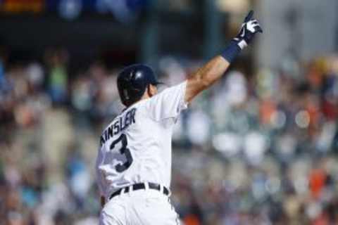 Aug 6, 2015; Detroit, MI, USA; Detroit Tigers second baseman Ian Kinsler (3) celebrates after hitting a walk-off two-run home run in the ninth inning against the Kansas City Royals at Comerica Park. Detroit won 8-6. Mandatory Credit: Rick Osentoski-USA TODAY Sports