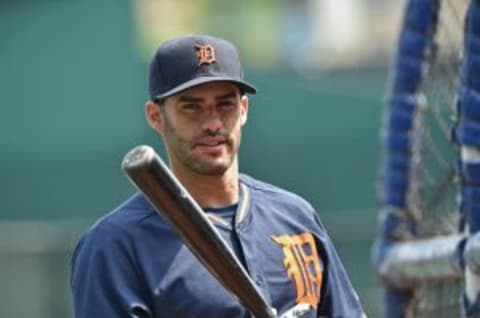 May 3, 2015; Kansas City, MO, USA; Detroit Tigers right fielder J.D. Martinez (28) looks on during batting practice prior to the game against the Kansas City Royals at Kauffman Stadium. Mandatory Credit: Peter G. Aiken-USA TODAY Sports