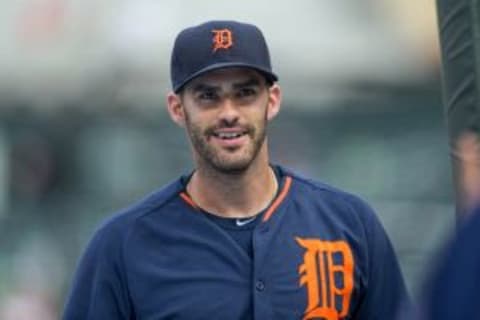 Jul 10, 2015; Minneapolis, MN, USA; Detroit Tigers right fielder J.D. Martinez (28) awaits his turn to bat during batting practice before the game with the Minnesota Twins at Target Field. The Twins win 8-6. Mandatory Credit: Bruce Kluckhohn-USA TODAY Sports