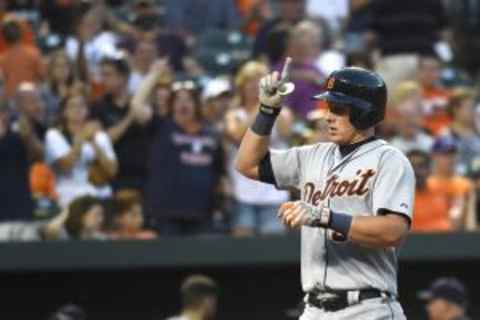 Jul 31, 2015; Baltimore, MD, USA; Detroit Tigers catcher James McCann (34) reacts after hitting a solo home run during the fourth inning against the Baltimore Orioles at Oriole Park at Camden Yards. Mandatory Credit: Tommy Gilligan-USA TODAY Sports