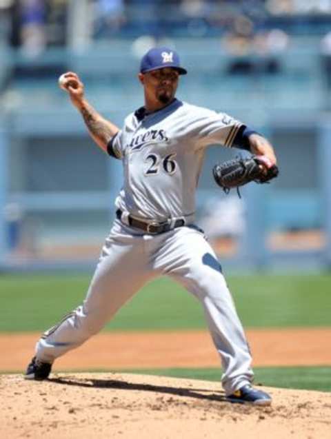 July 12, 2015; Los Angeles, CA, USA; Milwaukee Brewers starting pitcher Kyle Lohse (26) pitches the second inning against the Los Angeles Dodgers at Dodger Stadium. Mandatory Credit: Gary A. Vasquez-USA TODAY Sports