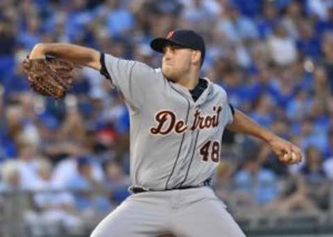 Sep 3, 2015; Kansas City, MO, USA; Detroit Tigers pitcher Matt Boyd (48) delivers a pitch against the Kansas City Royals during the first inning at Kauffman Stadium. Mandatory Credit: Peter G. Aiken-USA TODAY Sports