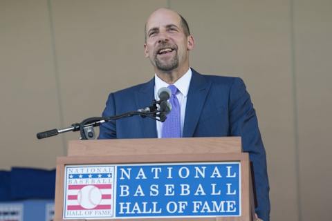 Jul 26, 2015; Cooperstown, NY, USA; Hall of Fame Inductee John Smoltz makes his acceptance speech during the Hall of Fame Induction Ceremonies at Clark Sports Center. Mandatory Credit: Gregory J. Fisher-USA TODAY Sports