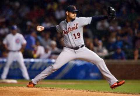 Aug 18, 2015; Chicago, IL, USA; Detroit Tigers starting pitcher Anibal Sanchez throws a pitch against the Chicago Cubs during the second inning at Wrigley Field. Mandatory Credit: Jerry Lai-USA TODAY Sports