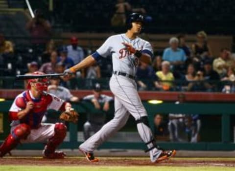 Oct. 10, 2014; Scottsdale, AZ, USA; Detroit Tigers outfielder Steven Moya plays for the Glendale Desert Dogs against the Scottsdale Scorpions during an Arizona Fall League game at Cubs Park. Mandatory Credit: Mark J. Rebilas-USA TODAY Sports