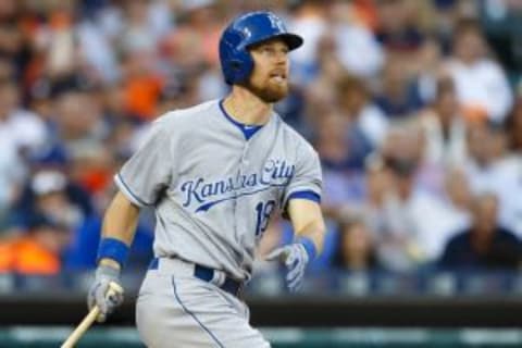 Aug 4, 2015; Detroit, MI, USA; Kansas City Royals left fielder Ben Zobrist (18) hits a sacrifice fly to score second baseman Omar Infante (not pictured) in the fifth inning against the Detroit Tigers at Comerica Park. Mandatory Credit: Rick Osentoski-USA TODAY Sports