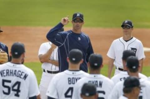 Feb 23, 2016; Lakeland, FL, USA; Detroit Tigers manager Brad Ausmus (7) talks to his players during the Detroit Tigers spring training camp at Joker Merchant Stadium. Mandatory Credit: Reinhold Matay-USA TODAY Sports