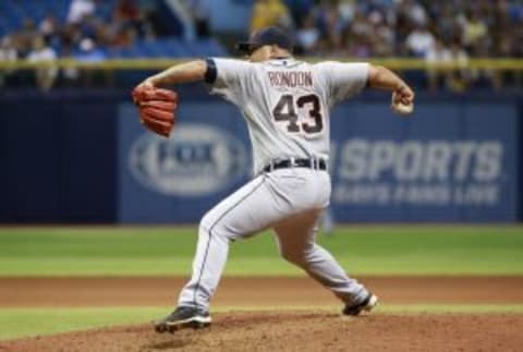 Jul 27, 2015; St. Petersburg, FL, USA; Detroit Tigers relief pitcher Bruce Rondon (43) throws a pitch during the eighth inning against the Tampa Bay Rays at Tropicana Field. Tampa Bay Rays defeated the Detroit Tigers 5-2. Mandatory Credit: Kim Klement-USA TODAY Sports