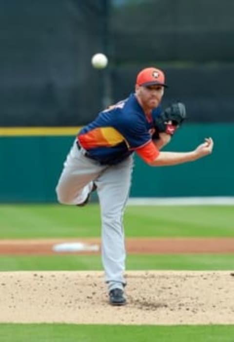 Mar 8, 2015; Lakeland, FL, USA; Houston Astros starting pitcher Dan Straily (47) throws a pitch against the Detroit Tigers at a spring training baseball game at Joker Marchant Stadium. Mandatory Credit: Kim Klement-USA TODAY Sports