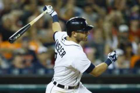 Sep 18, 2015; Detroit, MI, USA; Detroit Tigers second baseman Ian Kinsler (3) hits a single in the ninth inning against the Kansas City Royals at Comerica Park. Mandatory Credit: Rick Osentoski-USA TODAY Sports