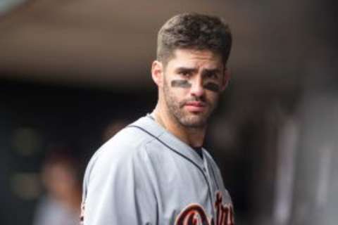 Jul 11, 2015; Minneapolis, MN, USA; Detroit Tigers right fielder J.D. Martinez (28) gets ready for the game against the Minnesota Twins at Target Field. The Twins win 9-5. Mandatory Credit: Bruce Kluckhohn-USA TODAY Sports