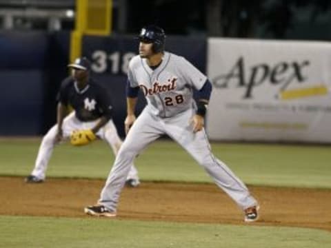 Mar 24, 2015; Tampa, FL, USA; Detroit Tigers left fielder J.D. Martinez (28) leads off of second base during the fourth inning of a spring training baseball game against the New York Yankees at George M. Steinbrenner Field. Yankees won 9-8. Mandatory Credit: Reinhold Matay-USA TODAY Sports