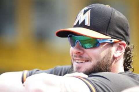 Aug 7, 2014; Pittsburgh, PA, USA; Miami Marlins catcher Jarrod Saltalamacchia (39) looks over the dugout rail before playing the Pittsburgh Pirates at PNC Park. The Pirates won 7-2. Mandatory Credit: Charles LeClaire-USA TODAY Sports