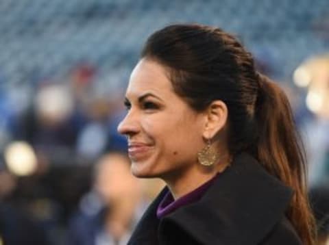 Oct 28, 2015; Kansas City, MO, USA; ESPN analyst Jessica Mendoza on the field before game two of the 2015 World Series between the Kansas City Royals and the New York Mets at Kauffman Stadium. Mandatory Credit: John Rieger-USA TODAY Sports