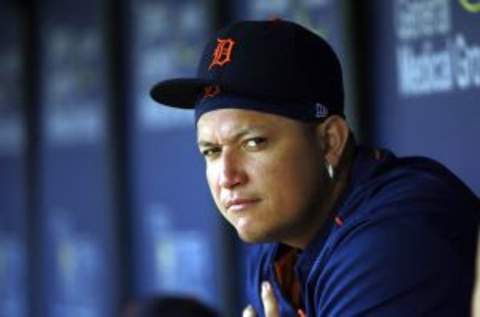 Jul 29, 2015; St. Petersburg, FL, USA; Detroit Tigers first baseman Miguel Cabrera (24) looks on in the dugout against the Tampa Bay Rays at Tropicana Field. Mandatory Credit: Kim Klement-USA TODAY Sports