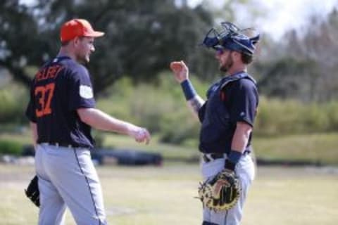 Feb 21, 2016; Lakeland, FL, USA; Detroit Tigers starting pitcher Mike Pelfrey (37) and catcher Jarrod Saltalamacchia (39) talk after throwing in the bullpen at Joker Marchant Stadium. Mandatory Credit: Kim Klement-USA TODAY Sports