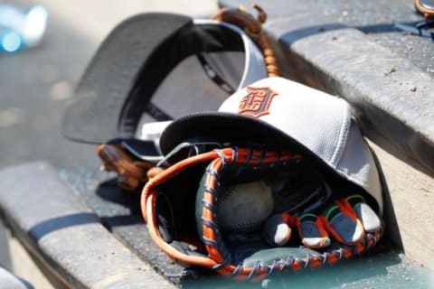 Mar 29, 2015; Clearwater, FL, USA; A general view of a Detroit Tigers hats, gloves and sunglasses in the dugout against the Philadelphia Phillies at Bright House Field. Mandatory Credit: Kim Klement-USA TODAY Sports