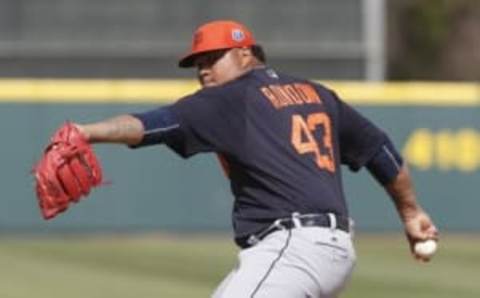 Mar 11, 2016; Kissimmee, FL, USA; Detroit Tigers relief pitcher Bruce Rondon (43) throws in the fifth inning of a spring training baseball game against the Houston Astros at Osceola County Stadium. Mandatory Credit: Reinhold Matay-USA TODAY Sports