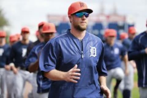 Mar 2, 2016; Tampa, FL, USA; Detroit Tigers catcher Bryan Holaday (50) works out prior to the game at George M. Steinbrenner Field. Mandatory Credit: Kim Klement-USA TODAY Sports