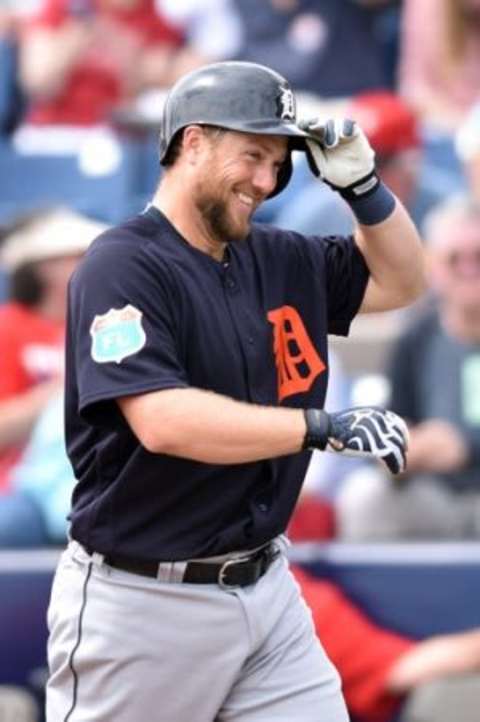 Mar 5, 2016; Melbourne, FL, USA; Detroit Tigers catcher Bryan Holaday (50) smiles after hitting a two run homer against the Washington Nationals during a spring training game at Space Coast Stadium. Mandatory Credit: Steve Mitchell-USA TODAY Sports