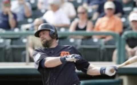 Mar 3, 2016; Lake Buena Vista, FL, USA; Detroit Tigers third baseman Casey McGehee (31) bats during the sixth inning of a spring training baseball game against the Atlanta Braves at Champion Stadium. Mandatory Credit: Reinhold Matay-USA TODAY Sports