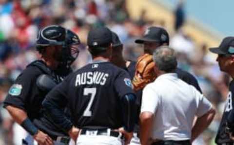 Mar 22, 2016; Lakeland, FL, USA; Detroit Tigers starting pitcher Daniel Norris (44) was with manager Brad Ausmus (7) and trainer Kevin Rand on the mound during the first inning and is taken out with an apparent injury against the Toronto Blue Jays at Joker Marchant Stadium. Mandatory Credit: Kim Klement-USA TODAY Sports