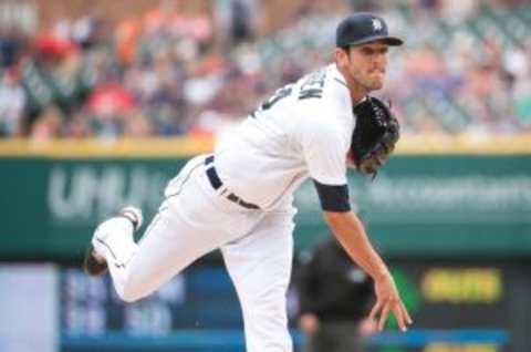 Jul 19, 2014; Detroit, MI, USA; Detroit Tigers starting pitcher Drew VerHagen (54) pitches during the first inning against the Cleveland Indians at Comerica Park. Mandatory Credit: Tim Fuller-USA TODAY Sports