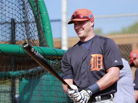 Feb 21, 2016; Lakeland, FL, USA; Detroit Tigers catcher James McCann (34) works out as he hits at Joker Marchant Stadium. Mandatory Credit: Kim Klement-USA TODAY Sports