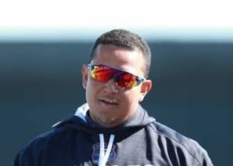 Mar 22, 2016; Lakeland, FL, USA; Detroit Tigers first baseman Miguel Cabrera (24) works out prior to the game against the Toronto Blue Jays at Joker Marchant Stadium. Mandatory Credit: Kim Klement-USA TODAY Sports