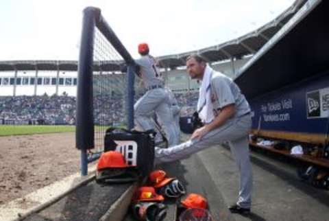 Mar 2, 2016; Tampa, FL, USA; Detroit Tigers starting pitcher Mike Pelfrey (37) looks on in the dugout before he pitches during the first inning against the New York Yankees at George M. Steinbrenner Field. Mandatory Credit: Kim Klement-USA TODAY Sports