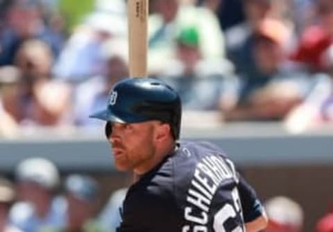 Mar 22, 2016; Lakeland, FL, USA; Detroit Tigers right fielder Nate Schierholtz (62) at bat at Joker Marchant Stadium. Mandatory Credit: Kim Klement-USA TODAY Sports