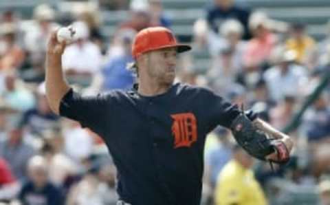 Mar 3, 2016; Lake Buena Vista, FL, USA; Detroit Tigers starting pitcher Shane Greene (61) throws a pitch during the fourth inning of a spring training baseball game against theAtlanta Braves at Champion Stadium. Mandatory Credit: Reinhold Matay-USA TODAY Sports