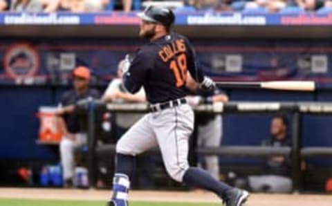 Mar 7, 2016; Port St. Lucie, FL, USA; Detroit Tigers left fielder Tyler Collins (18) connects for a base hit during a spring training game against the New York Mets at Tradition Field. Mandatory Credit: Steve Mitchell-USA TODAY Sports