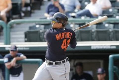 Mar 3, 2016; Lake Buena Vista, FL, USA; Detroit Tigers designated hitter Victor Martinez (41) bats during the fourth inning of a spring training baseball game against the Detroit Tigers at Champion Stadium. Mandatory Credit: Reinhold Matay-USA TODAY Sports