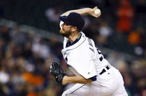 Apr 27, 2016; Detroit, MI, USA; Detroit Tigers relief pitcher Alex Wilson (30) pitches in the seventh inning against the Oakland Athletics at Comerica Park. Mandatory Credit: Rick Osentoski-USA TODAY Sports